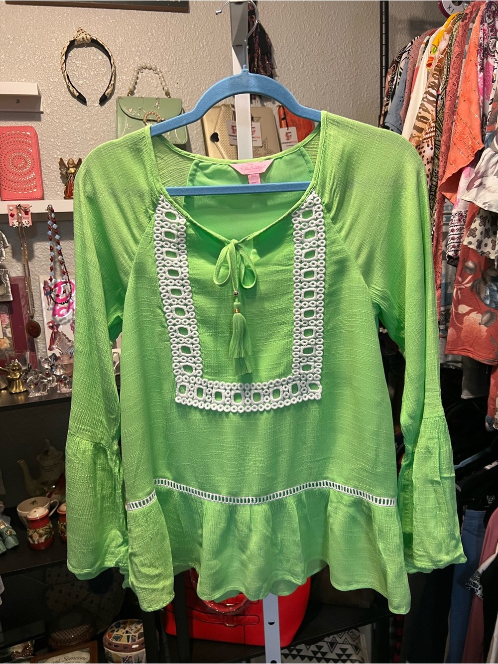 Lilly Pulitzer Lime Green Embroidered Tassel Peasant Top